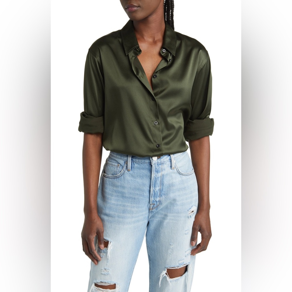 Frame the Standard silk buttondown in forest green